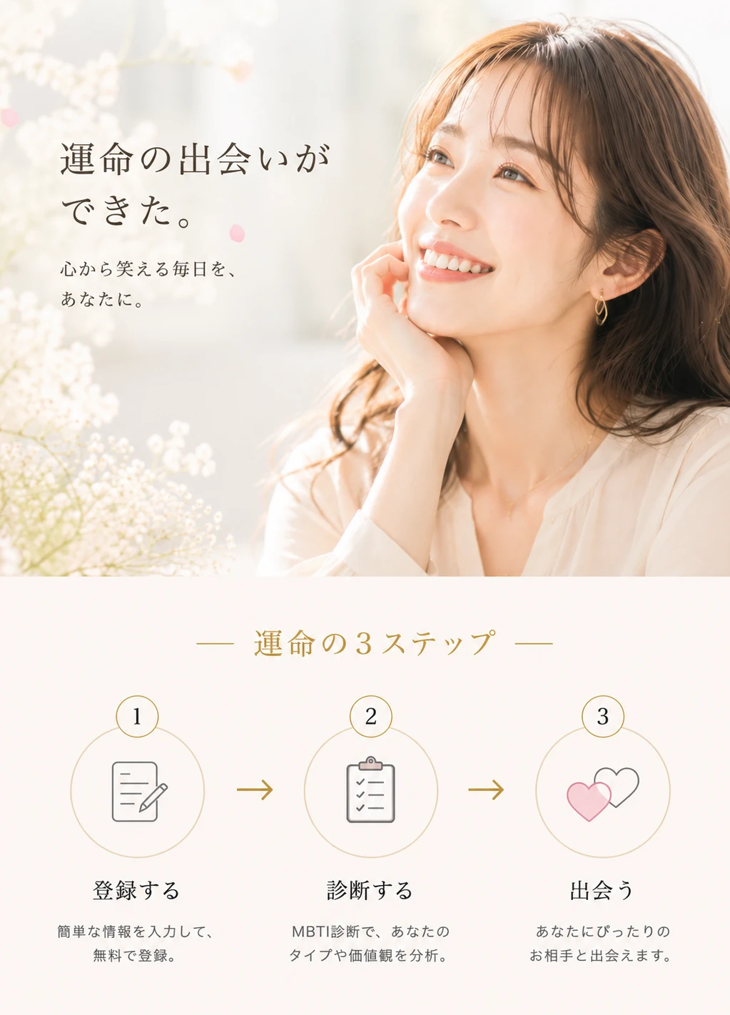 運命の出会いができた。心から笑える毎日を、あなたに。運命の3ステップ：①登録する ②診断する ③出会う。
